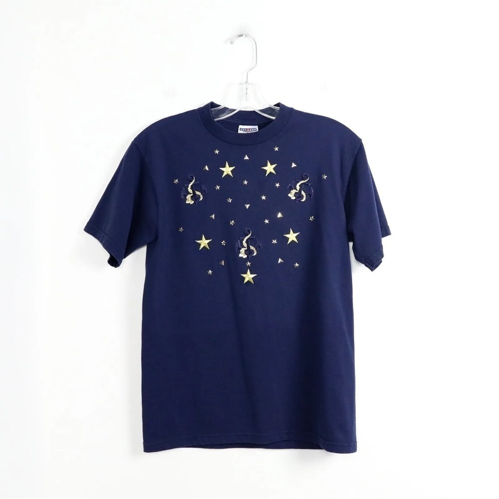 Vintage Jerzees 90s navy blue cotton t-shirt nautical appliqué embroidery sail